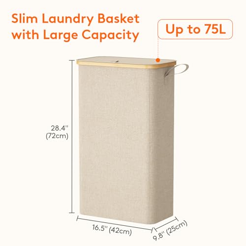 Lifewit 75L Slim Laundry Hamper with Lid, Narrow Laundry Basket with Removable Bag & Bamboo Handles, Fodable Thin Dirty Clothes Hamper for Laundry Collapsible Bin for Bathroom Bedroom Dorm, Beige - color: Beige, size: 75L