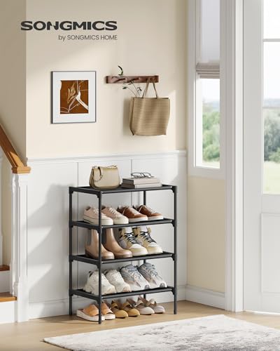 SONGMICS Shoe Rack, 4-Tier Shoe Storage Organizer, Space-Saving, 11.7 x 16.5 x 26 Inches, Entryway, Metal Frame, Non-Woven Fabric Shelves, Ink Black ULSH014BH01 - color: Ink Black, size: 4 Tiers (16.5"W)