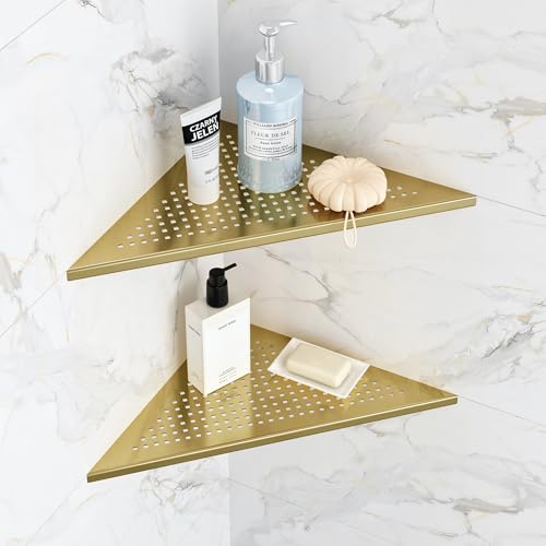 Qeke 2 Pack Bathroom Corner Shelf, Recessed 12" Corner Shower Shelf, SUS304 Stainless Steel Triangular Wall Mount, No Drilling, Brushed Golden - color: Brushed Golden, size: 12"- 2 Pack