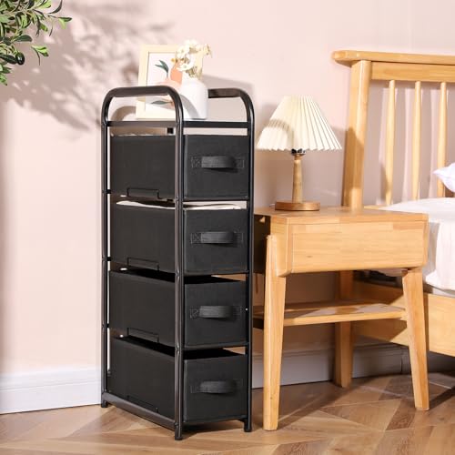 MAX Houser 4 Drawer Narrow Dresser Fabric Storage Tower Vertical Slim Storage Chest Organizer Nightstand Side/End Table Small Standing Organizer Removable Drawers Wood Top for Bedroom, Bathroom（Black) - color: Black4