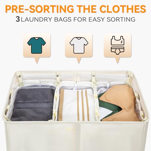 WOWLIVE Laundry Hamper with Lid,160L Large Laundry Basket 3 Section with Removable Washing Bags,Collapsible Waterproof Dirty Clothes Hamper for Laundry Room Bathroom Dorm,Beige - color: Beige, size: 160L (24.8x 14 x 27.5 Inches)