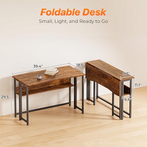 Huuger Folding Desk with Storage Shelf, 39.3 Inch Foldable Computer Table for Small Spaces, Space Saving Sofa Table for Couch, Writing Work Office Computer Desk, Easy to Fold, Rustic Brown - color: Rustic Brown, size: 18.5"D x 39.4"W
