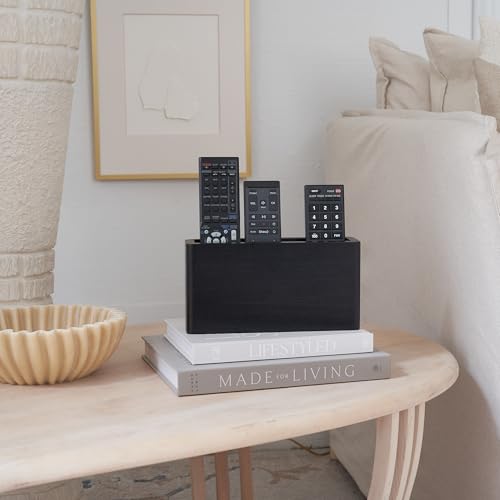 KIBAGA Premium Wooden Remote Control Holder - Easy Install Adhesive Wall Mount Caddy Keeps 3-4 TV Remotes Neatly Organized - Stylish Natural Wood Organizer is Perfect for Any Bed Or Living Room Wall - color: Black