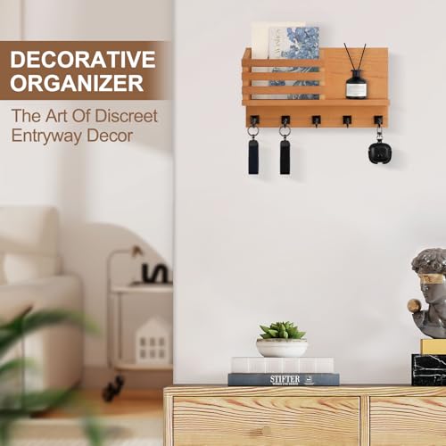 Key Holder Wall Mount, Mail Organizer for Wall with 5 Square Rustic Key Hooks Key Shelf Farmhouse Home Decor for Entryway - color: Wood