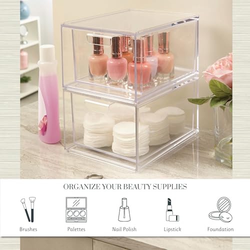STORi Audrey Stackable Clear Bin Plastic Organizer Drawers | 2 Piece Set | Organize Cosmetics and Beauty Supplies on a Vanity | Made in USA - size: 4.5" Tall Set