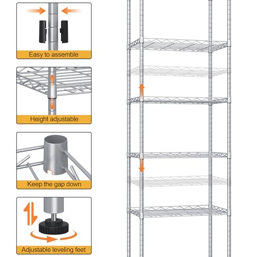 HOMEFORT 6-Shelving Unit, Adjustable Wire Shelving, Metal Wire Shelf Rack Organizer for Kitchen, Pantry, Closet, Bathroom, Laundry, Sliver,21" W x 11" D x 69" H - color: Silver, size: 21"W x 11"D x 69"H