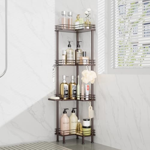 Consumest Corner Shower Caddy Standing - 4-Tier Stainless Steel Shower Organizer with Soap Holder and 4 Hooks, Large Capacity Corner Shelf Stand for Bathroom, Rest Room, Bronze - color: Bronze, size: 4 Tier