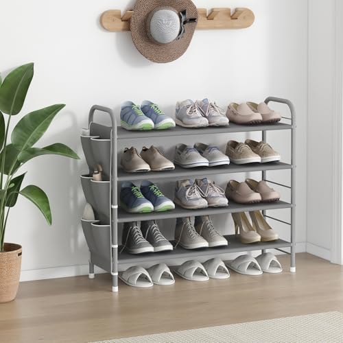 SUOERNUO 4 Tier Free Standing Metal Shoe Rack With Side Bag - Compact Shoe Organizer for Entryway Closet Bedroom, Grey - color: Grey, size: 4 Tier