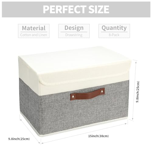SAMORADREA 8 Pack Storage Bins Foldable Storage Boxes Fabric Storage Box with Lid & Handle Large Washable Organizer Bulk for Office, Home, Books, Clothes, Bedroom, Closet, (15INx10INx10IN White/Grey)