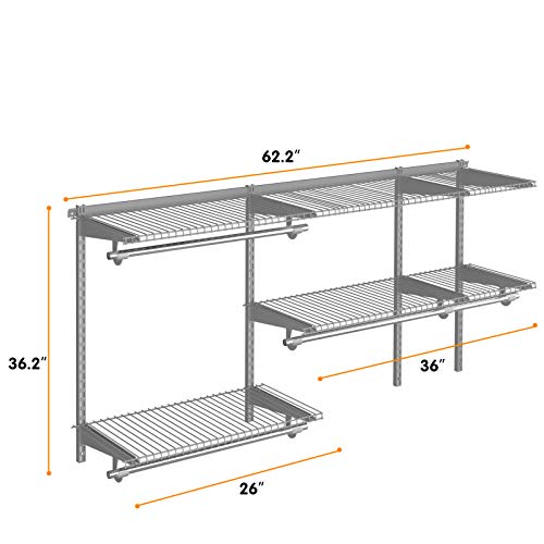 Tangkula 3 to 5 FT Custom Closet Organizer System Kit, Wall-Mounted Storage Organizer with Wire Shelving and Hanging Rods, Adjustable Closet Organizer Kit, Configurations Custom Closet for Bedroom - color: Gray, size: 3 to 5 FT