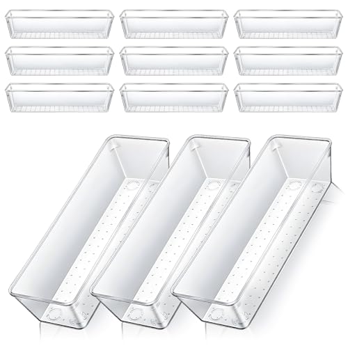 Dimeho 12 PCS Drawer Organizers Clear Plastic Vanity Drawer Dividers Kitchen Silverware Utensil Storage Desk Storage Tray for Bathroom Bedroom Office Makeup Jewelry 9 x 3 x 2 Inches