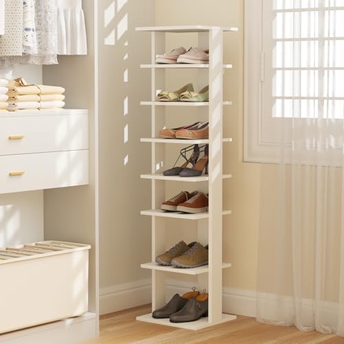 Tangkula 8-Tier Vertical Shoe Rack, Space-Saving Corner Shoe Organizer for 7 Pairs, Narrow Shoe Storage for Entryway, Front Door, or Closet - color: White, size: 10" x 11" x 43.5"