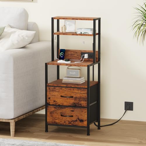 Furnulem Night Stand, Tall Nightstand with 4-Tier Shelves, 2 Fabric Drawers and LED Lights, Bed Side Tables with Charging Station, Bedside Table for Bedroom, Office, Rustic Brown - color: Rustic Brown, size: 2 Drawer