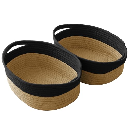 JMvicyroam Woven Basket,Small Rope Storage Bin with Handles & Ribbon Bag, Organizer for Shelves Closets,Gift Basket Empty for Birthday,Books,Dog Toys, Black&Jute/2 Pack - color: Black&Jute, size: 2 Pack