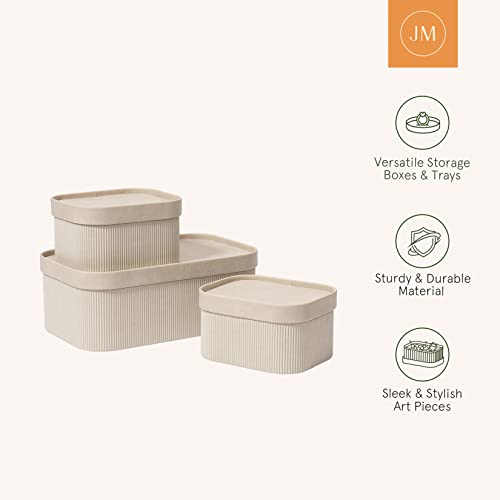 LA JOLIE MUSE Fluted Cardboard Storage Baskets with Leather-Like Lids, Sturdy Stackable Paper Boxes Decorative Tray, Light Grey, Set of 3 - color: Gray