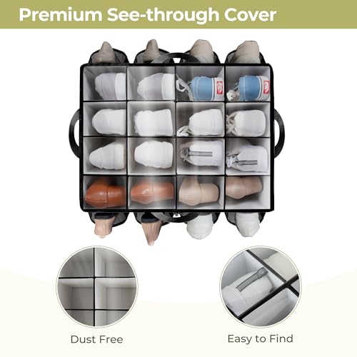 Shoe Organizer for Closet, Shoe Storage Solution with Clear Cover & Adjustable Dividers, Fabric Shoe Box Fits 16 +8 Pairs Shoes, Black, 2-Pack - color: Black, size: 2 Pack Medium
