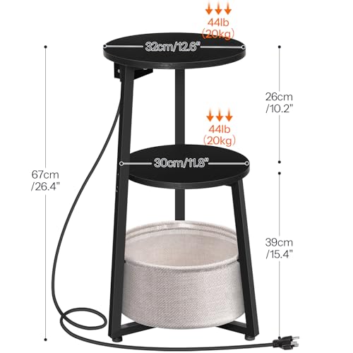 HOOBRO Small Round Side Table with Charging Station, Round End Table with Cotton Linen Storage Basket, Compact Sofa Side Table Nightstand for Small Space, Corner, Living Room, Black BB169UBZ01 - color: Black