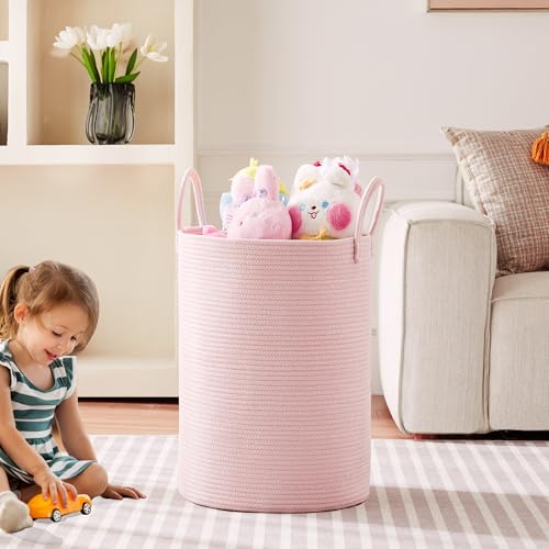 80L Extra Large Pink Hamper Laundry Basket for Baby Girls Tall Nursery Hamper for Kids Woven Rope Clothes Basket for Little Girls Room Bedroom Light Pink Kawaii 16"D x 22"H - color: Pink1, size: Extra Large (80L)