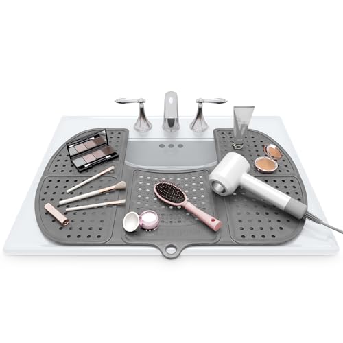 Sink Topper Bathroom Counter Cover & Storage Saver, Foldable Silicone Mat for Hot Tools, Hair Styling & Makeup, Beauty Brush Cleaning Mat, RV Camper Sink Cover & for Small Spaces (Large Silver) - color: Silver, size: Large