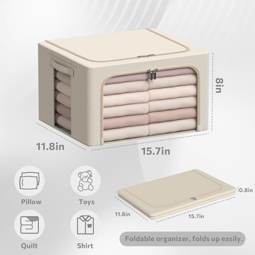 3Pack Frame Storage Box - Clothes Storage Bin Bags Oxford Fabric Foldable Stackable Container Organizer Set with Clear Window & Carry Handles Large Capacity (Beige, Small-22L) - color: Beige, size: Small-22L
