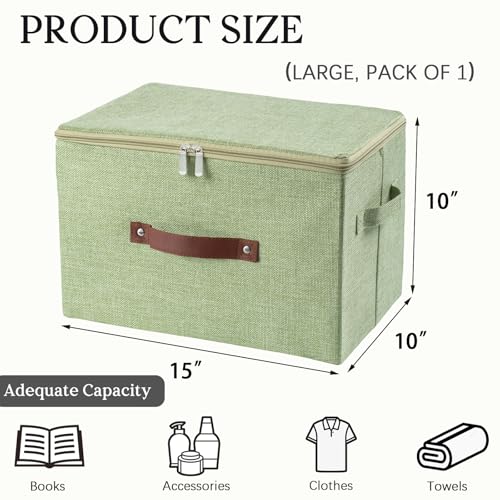 Storage Bins with Zipper Lid Foldable Fabric Lidded Storage Boxes Baskets Cubes Washable Collapsible PU Leather Handle Cotton Linen Fabric Shelf Closet Organizer Container(Green, Large Size) - color: Green, size: Large ( Set of 1 )