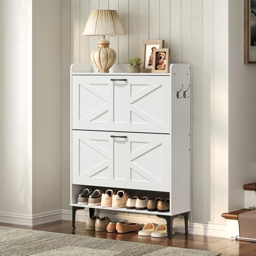 MAHANCRIS Shoe Storage Cabinet, Shoe Organizer with 2 Flip Drawers, Hidden Shoe Storage for Entryway, Freestanding Organizer with Open Storages, White SHWT9401 - color: White