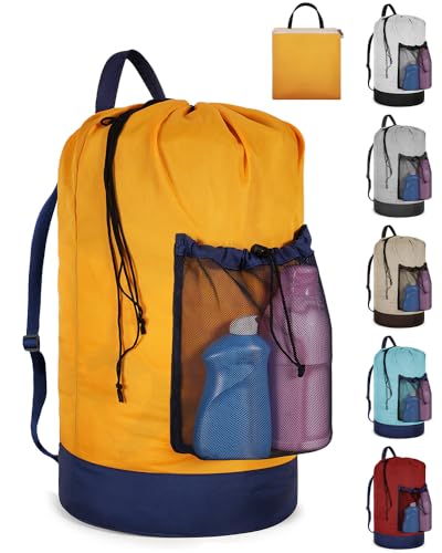 Laundry Bag with Shoulder Straps and Mesh Pocket Laundry Backpack Large Portable Laundry Hamper for College Laundromat Apartment - color: Yellow & Blue