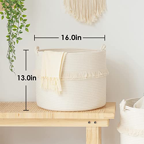 CherryNow Large Woven Storage Baskets – 16'' x 13'' Cotton Rope Decorative Hamper for Nursery, Toys, Blankets, and Laundry, Cute Tassel Nursery Decor - Home Storage Container Off-white - color: Off-white, size: 40L (16"W x 13"H)