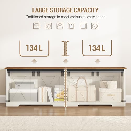 Hzuaneri 59" Storage Chest, Large Storage Trunk with 2 Hinges, Farmhouse Wooden Box Bench, Lift-Top Organizer Chest, Entryway Trunk for Bedroom, Living Room, White and Brown SB15014X - color: White and Brown, size: 15.7"D x 59"W x 19.1"H