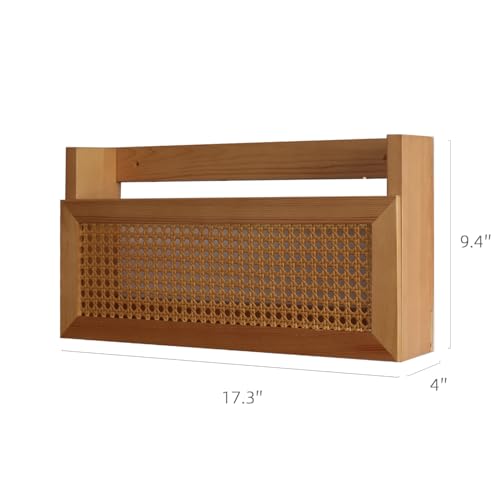 FRIADE Wall Magazine Rack with PE Rattan Grid,Size 17.3" x 4" x 9.4",File Holder For Entryway,Living Room,Waiting Room,Kids’ room,Office(Retro Brown)