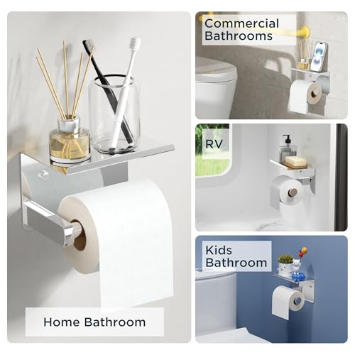 FORIOUS Toilet Paper Holder with Shelf, Adhesive or Screw Wall Mount Toilet Roll Holder for Bathroom, Rustproof 304 Stainless Steel Commercial Toilet Tissue Holder with Phone Shelf, Chrome - color: Chrome