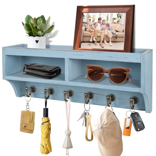 Key Holder Wall Mount - Mail Organizer Wall Mount with 6 Key Hooks and Storage Box for Sunglasses Storage and Dog Leash Holder Home Decor Rack Apartment Farmhouse Shelf Entryway Organizer (Blue) - color: Blue