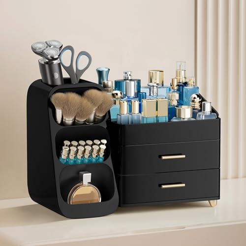 HBlife Cologne Organizer for Men Makeup Organizer with Brush Holder for Vanity, Large Plastic Bathroom Countertop Organizer Skin Care Storage, Fathers Day Gift for Dad Husband, All Black - color: All Black, size: Large