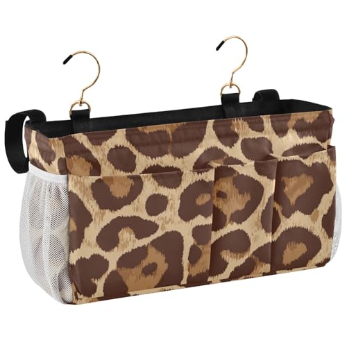 Bedside Caddy Metal Frame Hanging Organizer Bunk Bed Dorm Accessories Hook And Loop Storage Bag Large Pockets Light Leopard Print - color: Light Leopard Print
