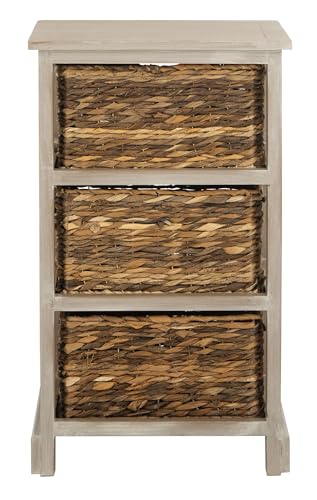 SAFAVIEH Home Collection – Halle White Washed Storage Side Table with Wicker Baskets, Farmhouse Accent Storage, Fully Assembled (AMH5738E) - color: White Washed