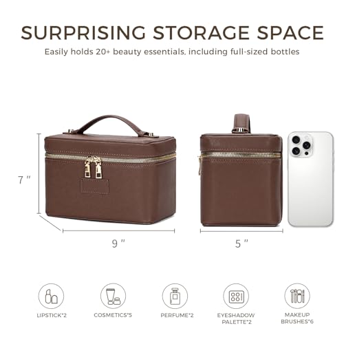Makeup Bag Vanity Case for Women – Portable Cosmetic Bag Makeup Bag Organizer Travel Toiletry Bag with Removable Divider - color: Dark Brown