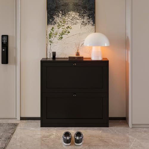 VOWNER Shoe Cabinet with 2 Flip Drawers, Freestanding Shoe Storage Cabinet with Adjustable Shelf & Anti-Tipping Device, Shoe Rack for Entryway, Hallway, Living Room (Black) - color: Black