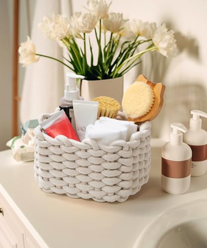 Small Macrame Woven Storage Baskets 2 Pack – Boho Cotton Rope Bins for Bathroom, Bedroom, Desk & Vanity Organizer – White & White, 7x5.5x5 Inches - color: White & White