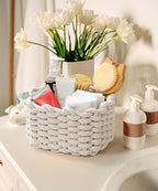 Small Macrame Woven Storage Baskets 2 Pack – Boho Cotton Rope Bins for Bathroom, Bedroom, Desk & Vanity Organizer – White & White, 7x5.5x5 Inches - color: White & White