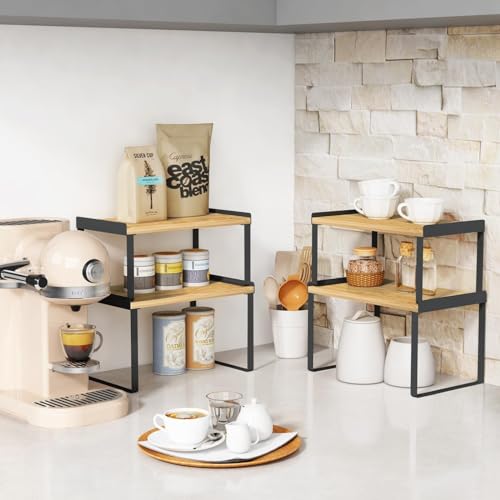 Goozii Kitchen Cabinet Organizer Shelf Set of 4, Pantry Organizers and Storage Shelves for Plates Dishes Cups Mugs, Cupboard Counter Cabinet Shelf Riser for Countertop (Bamboo Wood and Black Metal) - color: Black-bamboo, size: Medium