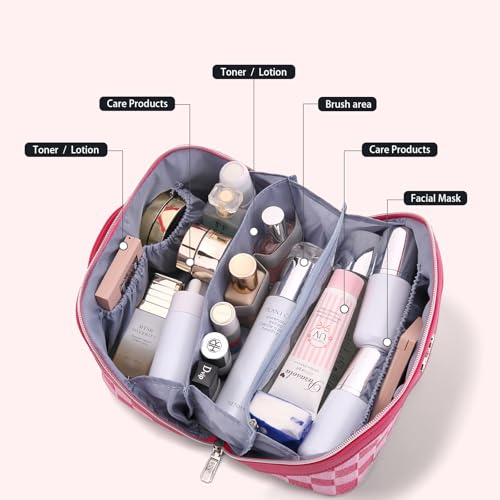 BOYATU Travel Makeup Bag for Women: Large Cosmetic Bag Set of 3 - PU Leather Make up Bag with Compartments - Compact Waterproof Toiletry Bag with Divider & Handle (D-4-Red) - color: D-4-Red