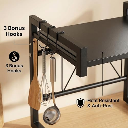 PUSDON Adjustable Carbon Steel Microwave Oven Rack, 2-Tier with 3 Hooks, 55lbs Weight Capacity, Black - color: Matte Black, size: C-frame 2 tier