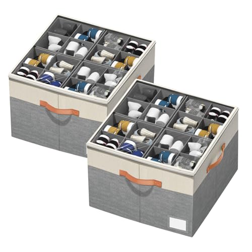 Aokeyee Shoe Organizer for Closet,2 Pack Foldable Shoe Storage Organizer Box Bin with Adjustable Dividers and Clear Cover, Fits up to 16-32 Pairs - color: Beige with Grey, size: 2 PCS