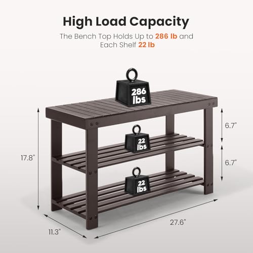 Sweetcrispy 3-Tier Shoe Rack Bench, Bamboo Entryway Storage Organizer, Shoes Stand for FrontDoor Entrance, Bedroom, Living Room, 286lb Capacity, 11.3 x 27.6 x 17.8 Inches, Chestnut - color: Brown, size: 27 inches WIdth