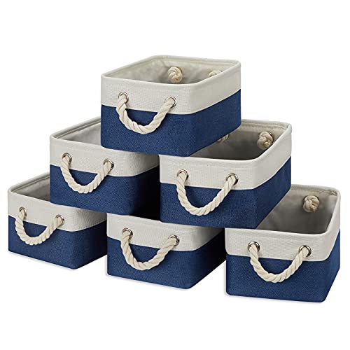 Temary Small Storage Baskets for Shelves, 6 Pcs Empty Gift Baskets for Organizing Clothes, Books, Fabric Storage Bins with Rope Handles (White&Blue,11.8 L x 7.9 W x 5.3 H inches) - color: Blue&white, size: 11.8L x 7.9W x 5.3H inches (6pcs)