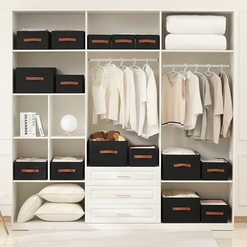 linen closet organizers and storage, 3 Pack Large Storage Baskets, Washable, Clothing Storage Bins with Handle, Closet Organizer for Storage Sweater,Sheets (Black, 16"x9½"x6¾") - color: Black, size: 16"x9½"x6¾"