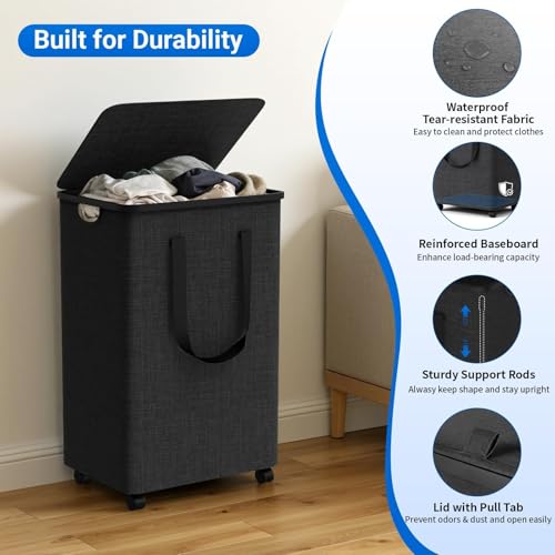 Laundry Basket with 5 Wheels, Tall Dirty Laundry Hamper, Rolling Laundry Basket with Lid, Large 90L Collapsible Clothes Hamper for Laundry Room Bedroom Bathroom Dorm, Dark Gray - color: Deep Gray, size: 90L