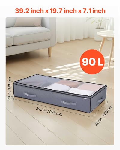 VEVOR Under Bed Storage with Clear Lids, 39.2 x 19.7 x 7.1 Inch, 90L Large Underbed Clothes Storage Containers, Low Profile Under Bed Drawer Shoe Organizer Bins Box for Blanket Shoe Bedroom, 4 Pack