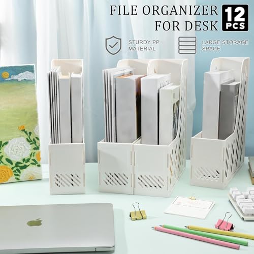 Glenmal 12 Pack Magazine Organizers Binder Organizer for Desk Plastic Vertical File Holder Magazine Racks Desk Accessories for Office, Home, or School (White) - color: White