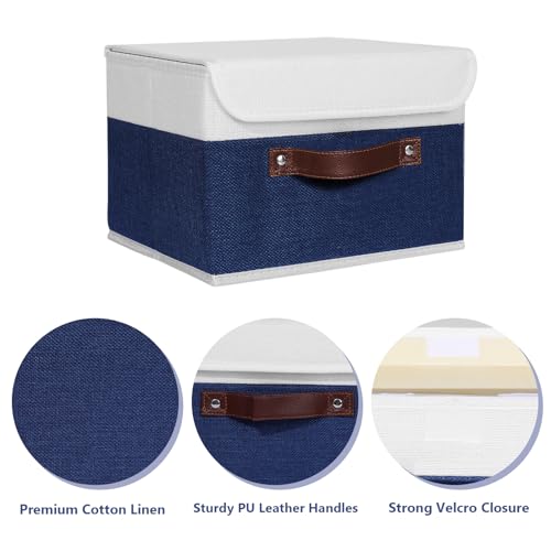 ANMINY Storage Boxes with Lids Washable Decorative Storage Bins Basket with PU Leather Handle Foldable Linen Fabric Storage Cubes Containers for Home Closet Organizer - Deep Blue White, Small Size - color: Deep Blue White, size: Small (Pack of 1)